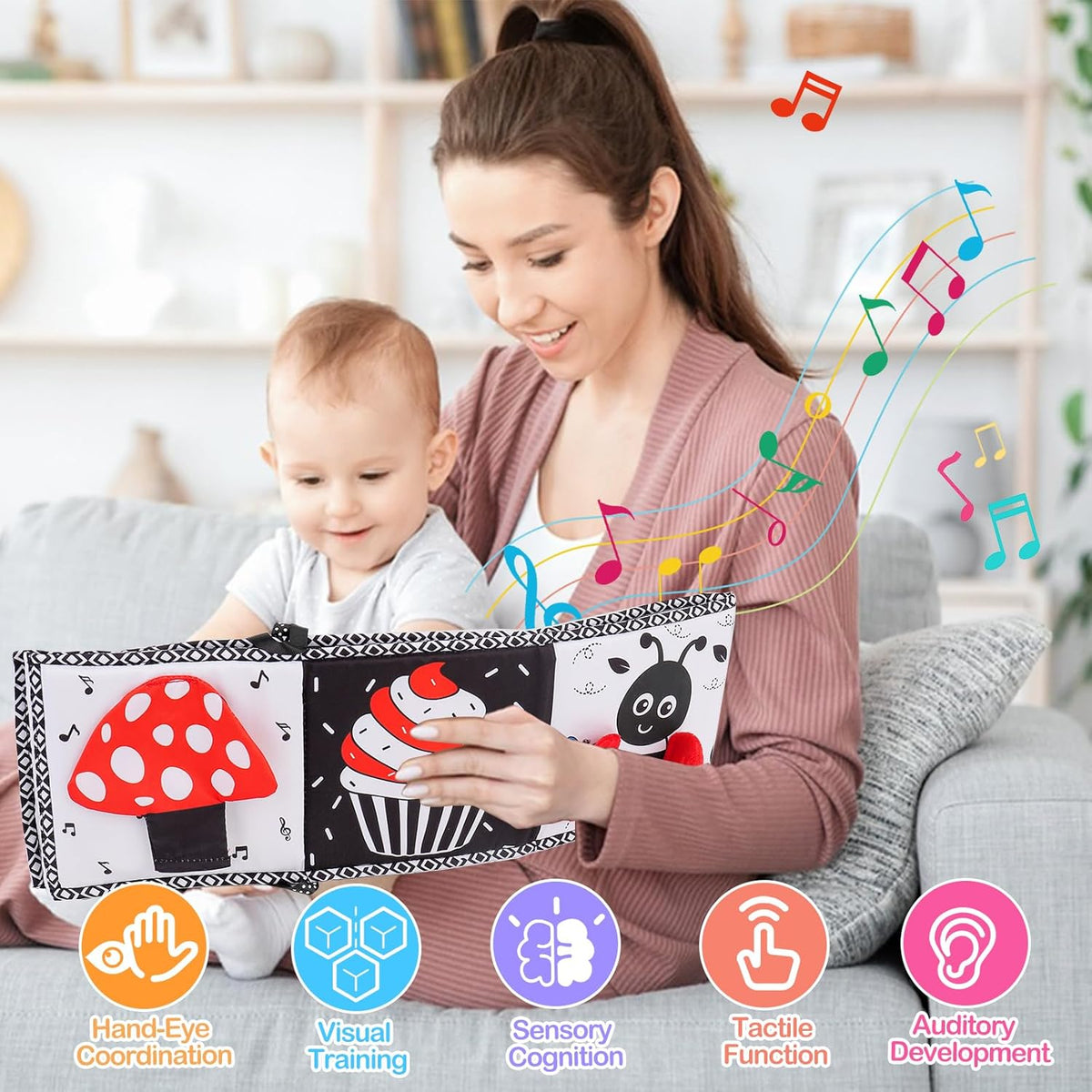 Black and White High Contrast Toys for Baby 0-3 3-6 Months Infant Tummy Time Soft Book Sensory