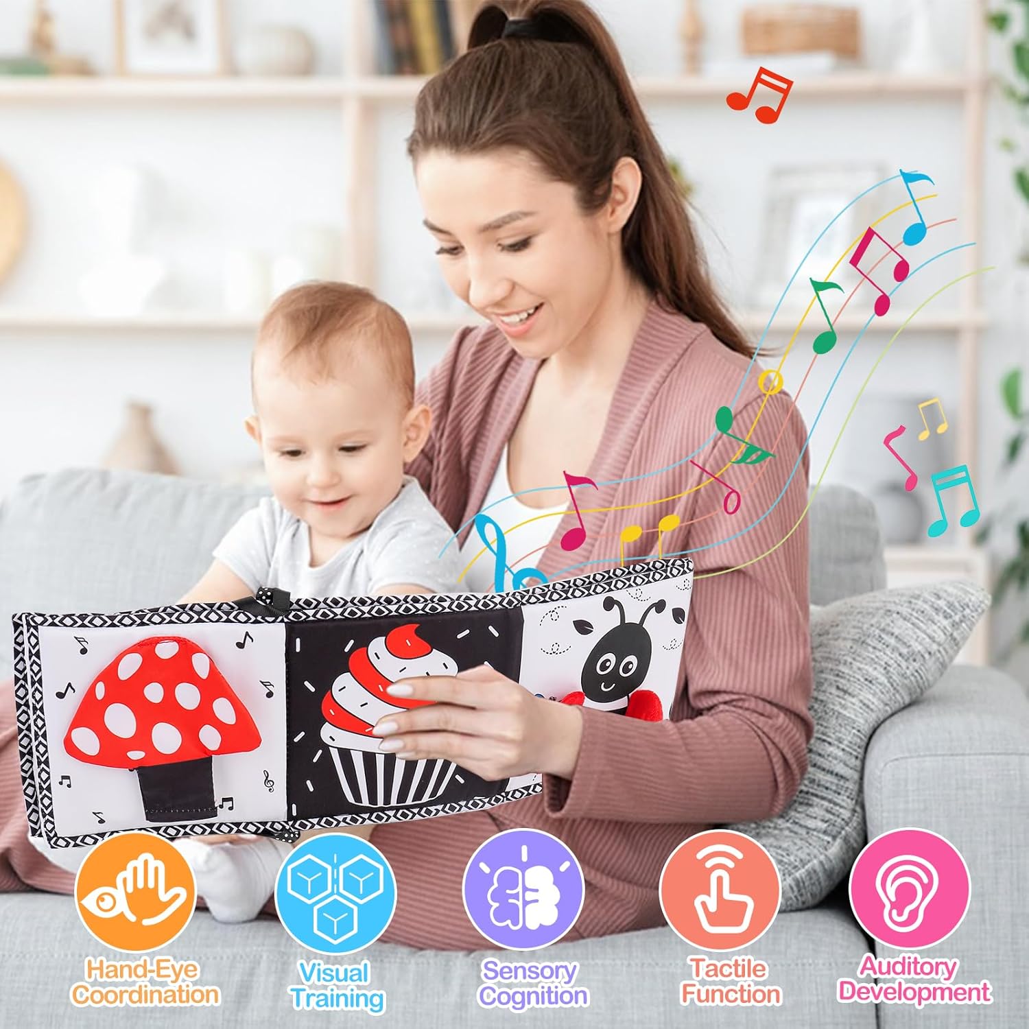 Black and White High Contrast Toys for Baby 0-3 3-6 Months Infant Tummy Time Soft Book Sensory