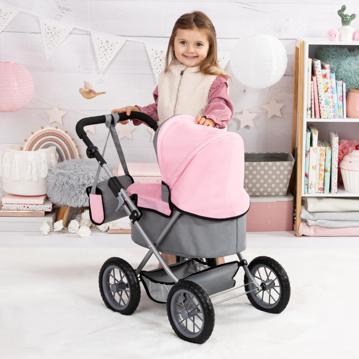 Bayer Design Baby Doll Stroller & Pram for Kids Ages 2-8, Grey/Pink