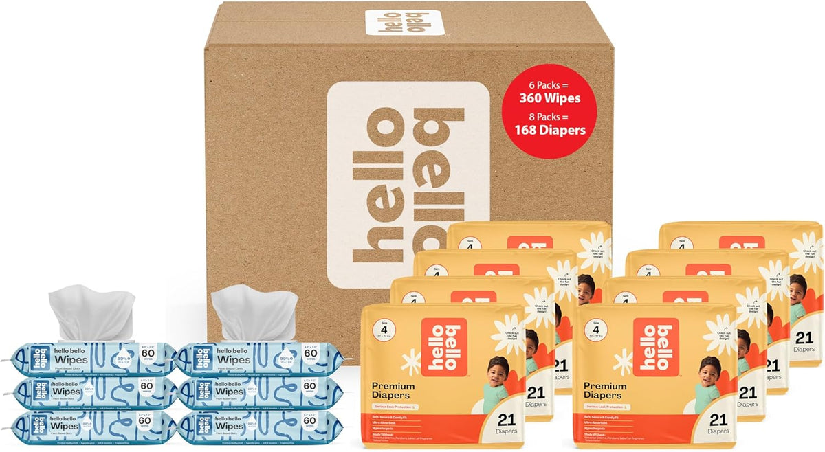Hello Bello Mega Surprise Pack, Size 4 (22-37 lbs), 168ct Hypoallergenic Assorted Diapers with a