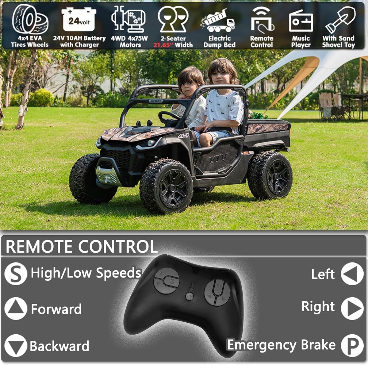 sopbost 24V 10Ah Ride On Toys for Big Kids to Drive 2 Seater Ride On Car with Remote Control