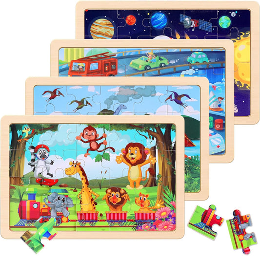 Wooden Educational Jigsaw Puzzles for Preschool Kids Ages 3-5, 4-Pack with 20 Pieces Dinosaur