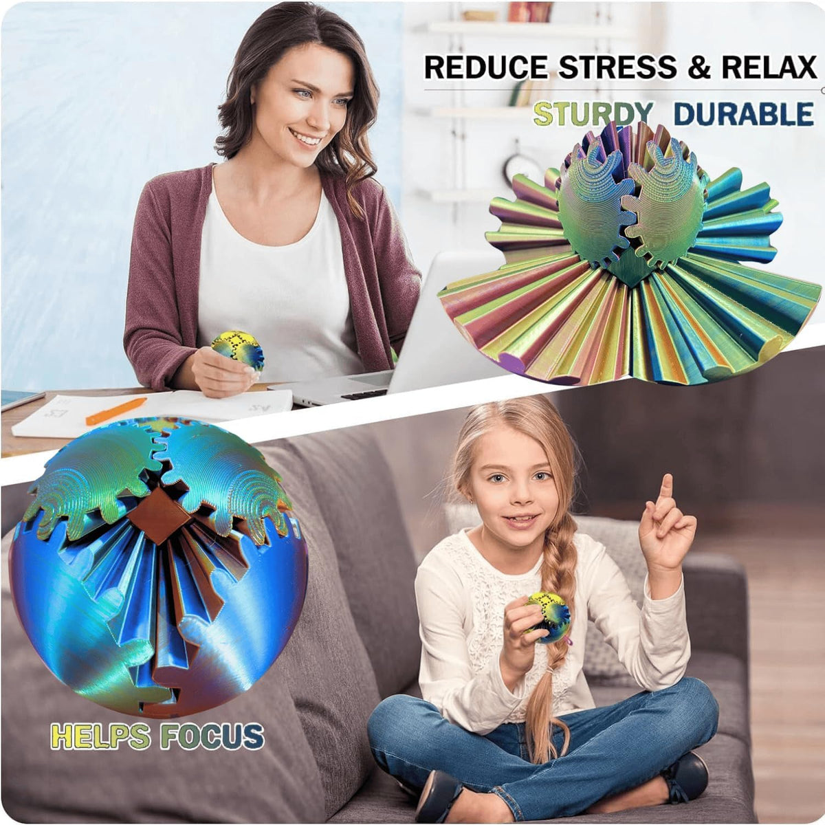 GearSphere 4.2in 3D Printed Gear Sphere Spin Ball Cube Fidget Toy, Stress Ball, Desk Toy for