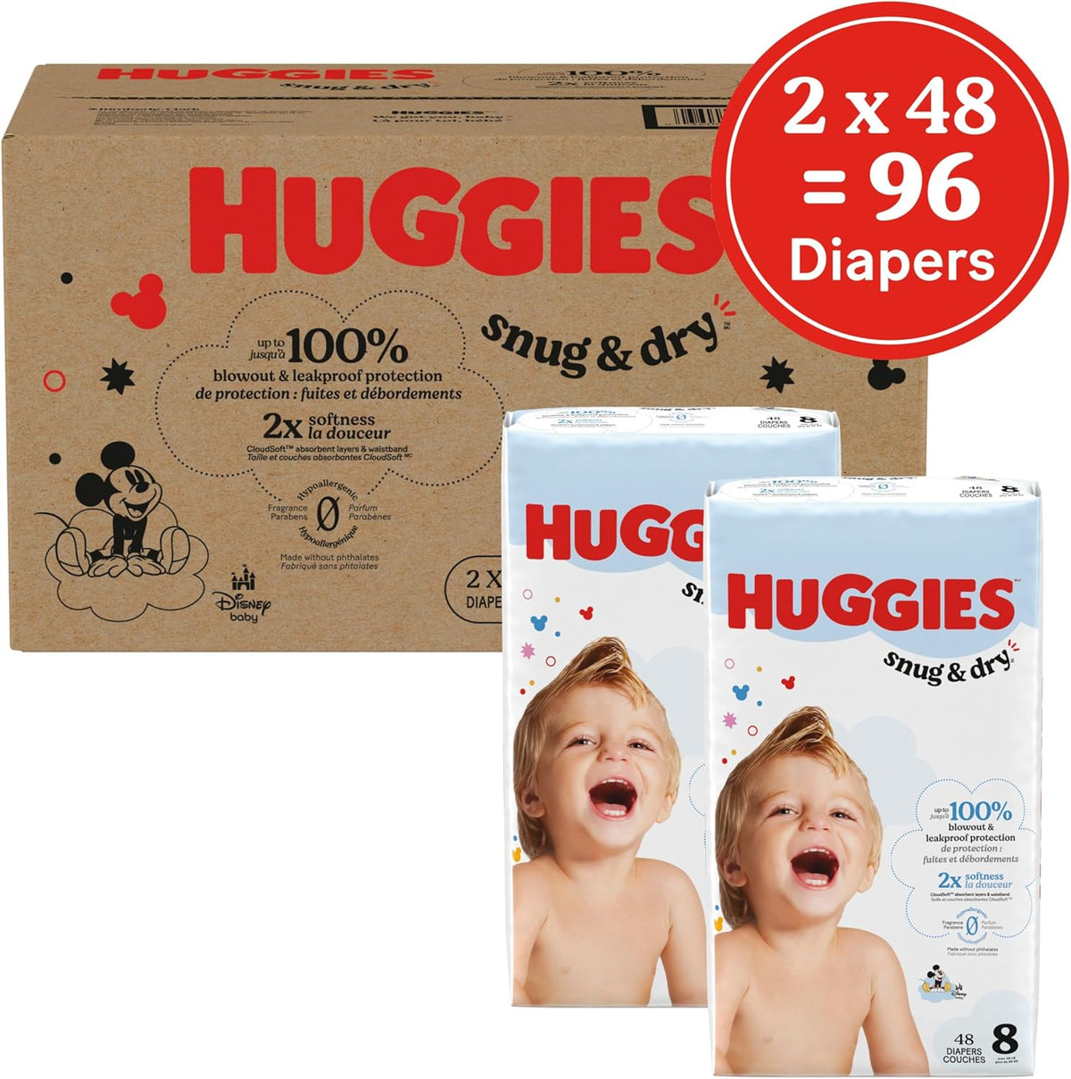 Huggies Size 8 Diapers, Snug & Dry Baby Diapers, Size 8 (46+ lbs), 96 Count (2 Packs of 48)