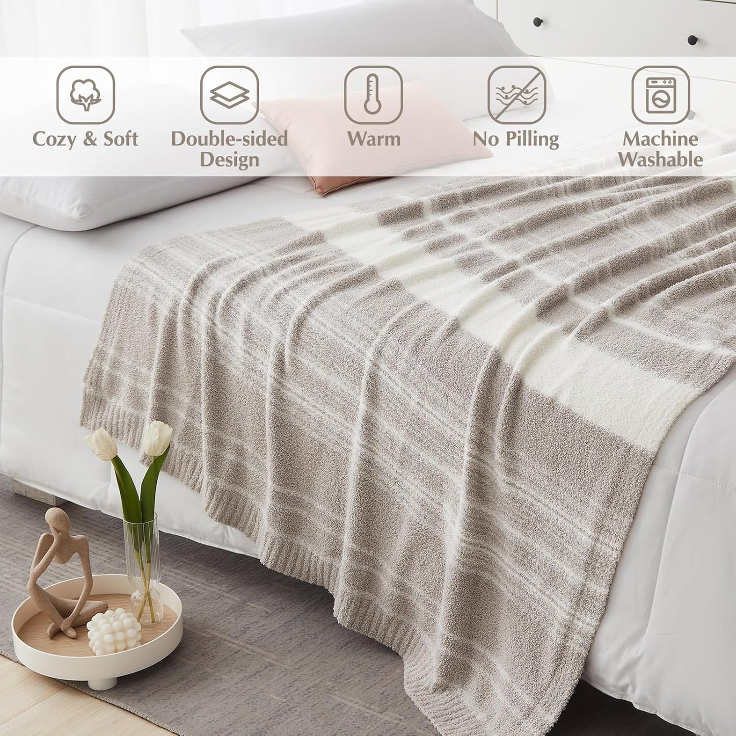 WRENGONGE Taupe Throw Blanket, 50x70 Soft Cozy Striped Throw Blankets for Couch, Sofa, Bed, Travel