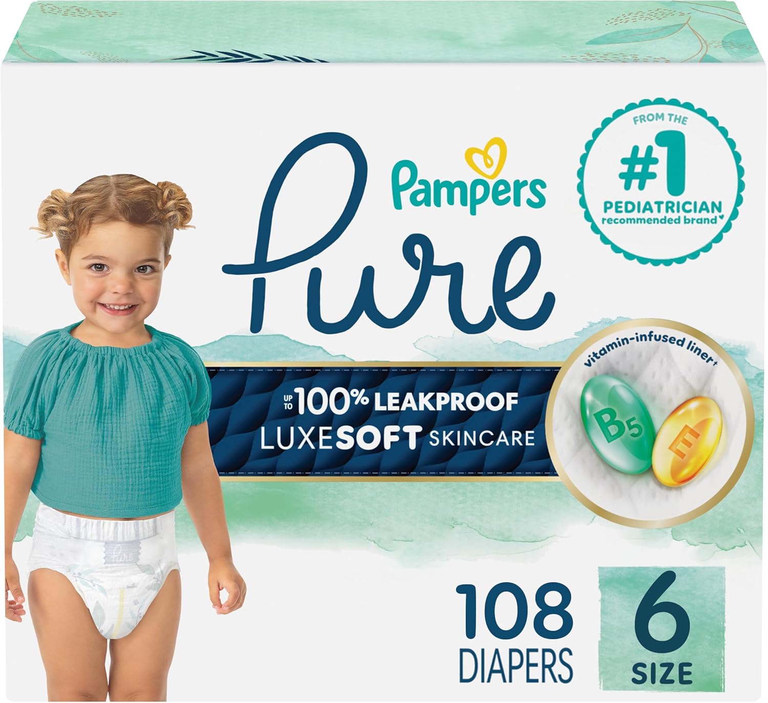 Pampers Pure Protection Baby Diapers, Size 6 (35+ lbs), 108 Count, Up to 100% Leakproof, Premium