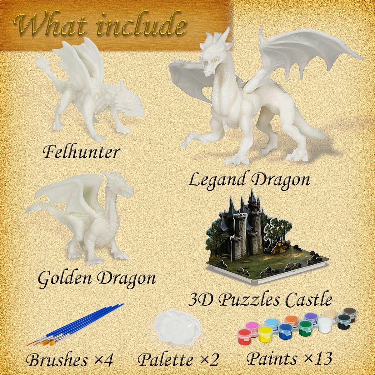 Kids Arts Crafts Set - Dragon Toys Painting Kit with 3 Dragons Figurines and 3D Jigsaw Puzzle