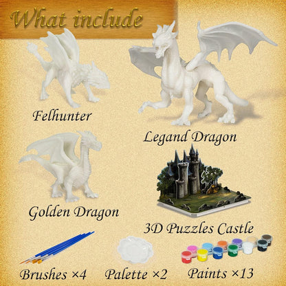 Kids Arts Crafts Set - Dragon Toys Painting Kit with 3 Dragons Figurines and 3D Jigsaw Puzzle