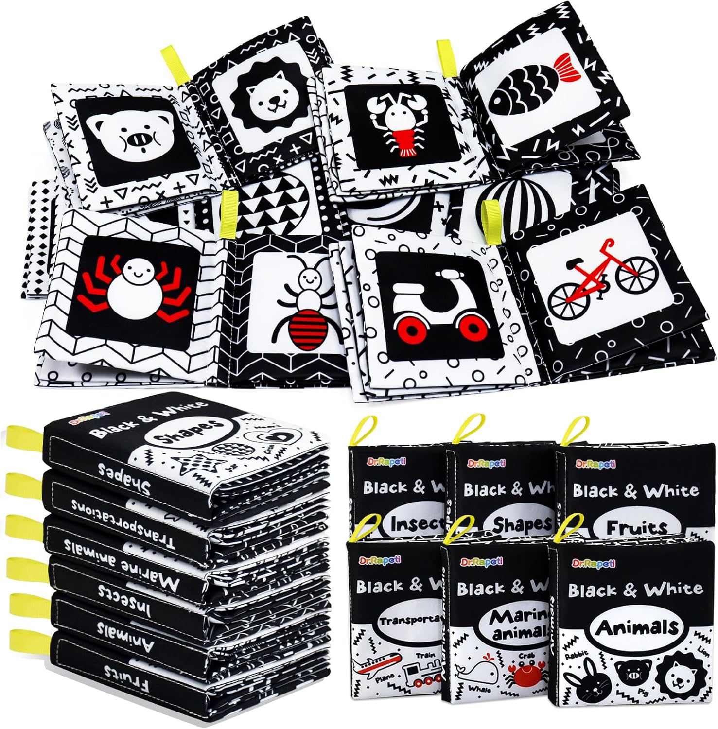 Dr.Rapeti Soft Cloth Books Baby Books Bath Books 6-Pack for Baby Infant Toddler Kids High Contrast