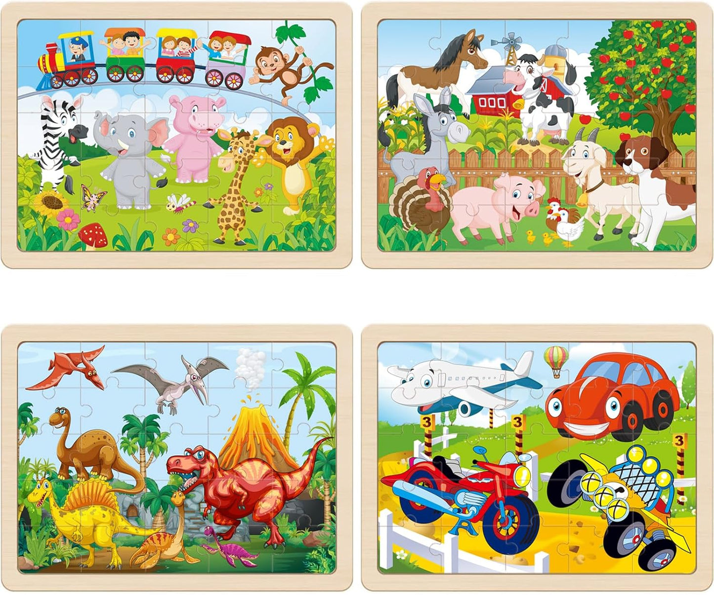 Wooden Puzzles for Kids Ages 4-6, 4 PCs 24 Animals Cars Farm Dinosaur World Jigsaw Puzzles