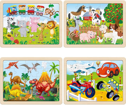 Wooden Puzzles for Kids Ages 4-6, 4 PCs 24 Animals Cars Farm Dinosaur World Jigsaw Puzzles