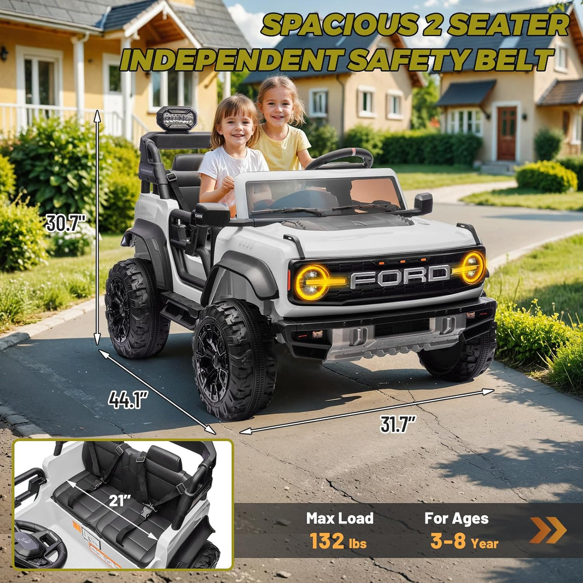 ENYOPRO 24V Ride On Toys for Big Kids, Licensed Ford Bronco Raptor 2-Seater Electric Car w/Remote