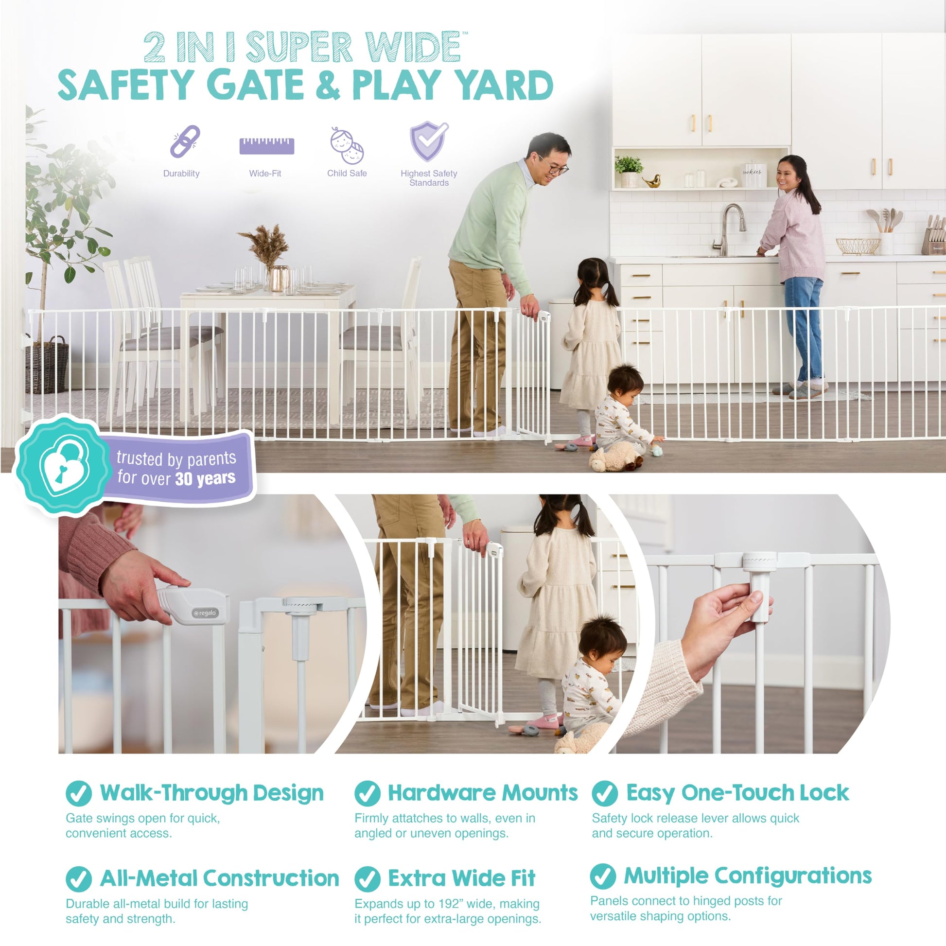 Regalo Safety 24"-192" Metal 2-in-1 Super Wide Baby Gate & Play Yard