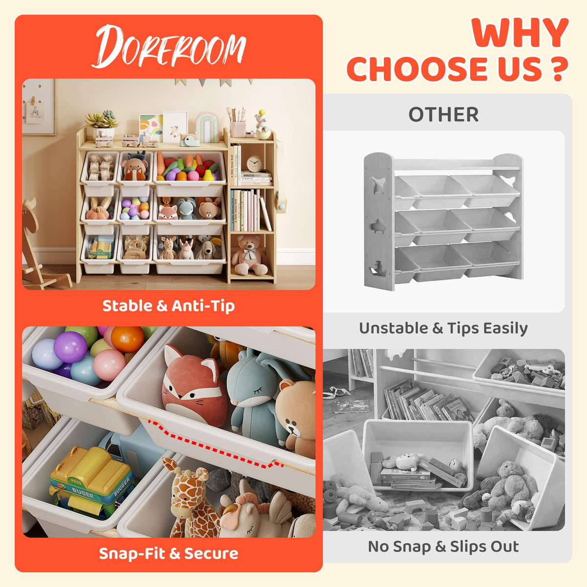 DOREROOM Toy Storage Organizer with Bookshelf, Kids Toy Storage and Organizers with 3 Shelves/9
