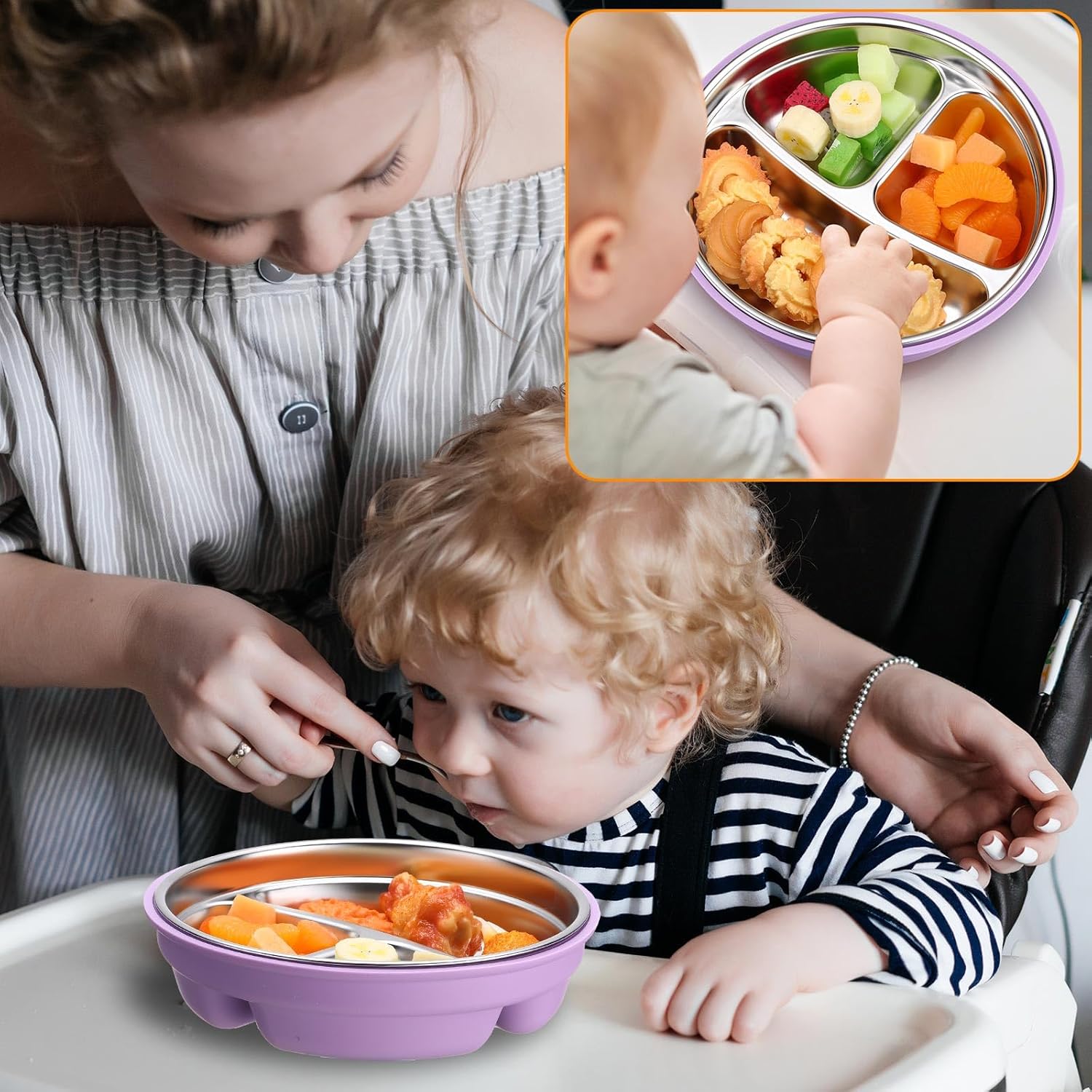 Nuogo 2 Pcs Stainless Steel Baby Suction Plates with Removable Silicone Shell 2-in-1 Metal Toddler