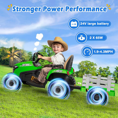 24V Ride On Tractor w/Tiltable & Detachable Trailer, 2x65W Motors, EVA Tires, Remote Control