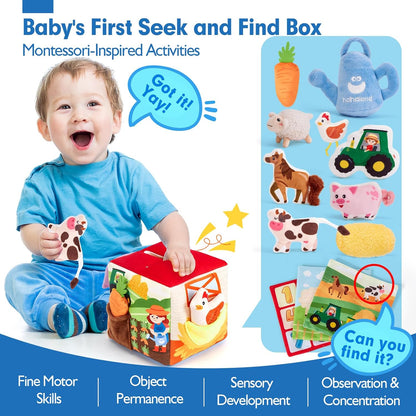 hahaland Baby Seek and Find Sensory Farm Animals Plush - 13 PCS Whats Inside Box with Rattle