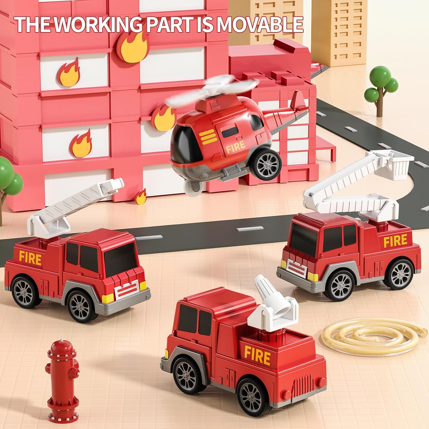TEMI Fire Trucks Boy Toys for Toddlers 3-5 Year Old - Firetruck Toys for Kids 3 4 5 6 7, Transport