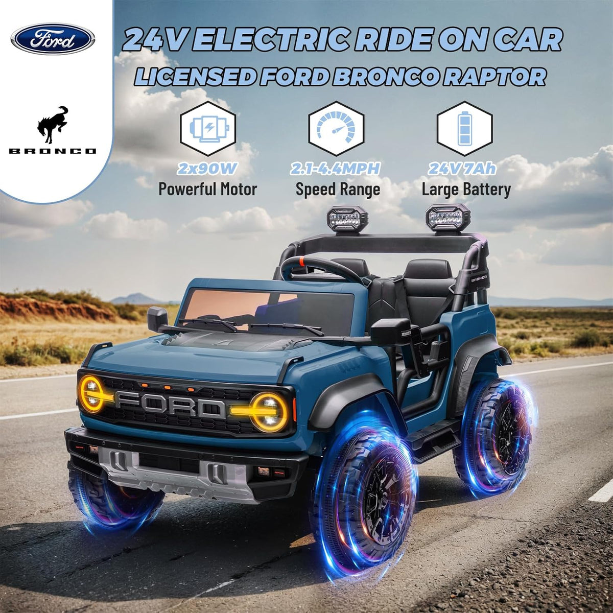ENYOPRO 2 Seater Ride On Car for Kids, 24v Licensed Ford Bronco Raptor Electric Power Ride On Truck