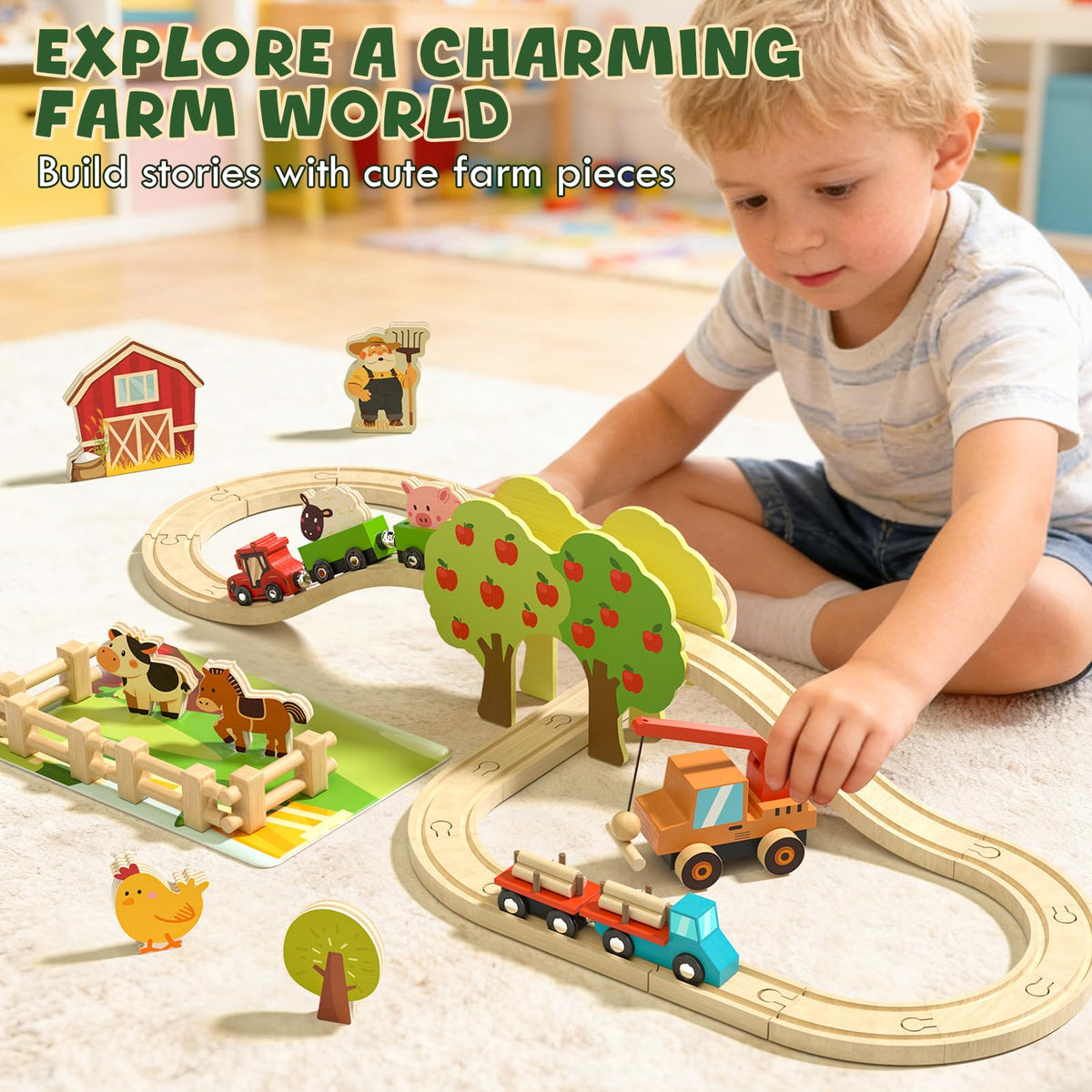 Lehoo Castle Farm Wooden Train Set, Wooden Train Tracks Set for Kids
