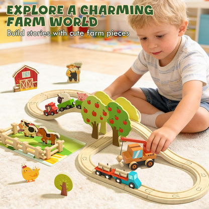 Lehoo Castle Farm Wooden Train Set, Wooden Train Tracks Set for Kids