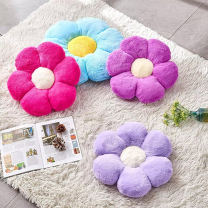Hot Pink Flower Pillow, Cute Decorative Flower Shaped Throw Pillow with Faux Rabbit Fur, 19.6" Soft