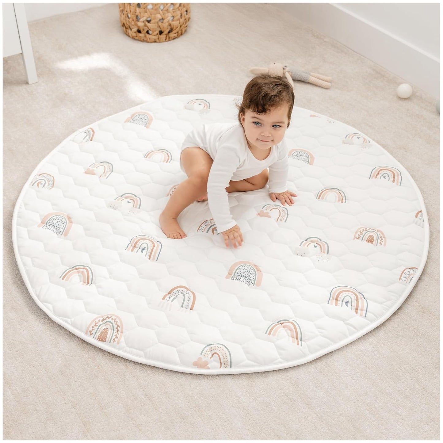 Comfy Cubs Round Kids Play Mat - Medium 48 inches Soft Quilted Baby Floor Mat with Non-Slip Bottom