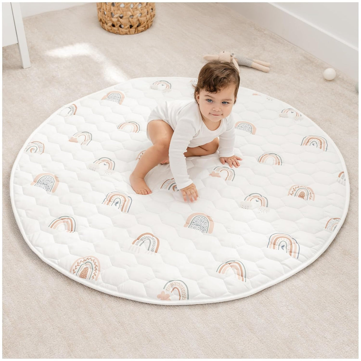 Comfy Cubs Round Kids Play Mat - Medium 48 inches Soft Quilted Baby Floor Mat with Non-Slip Bottom