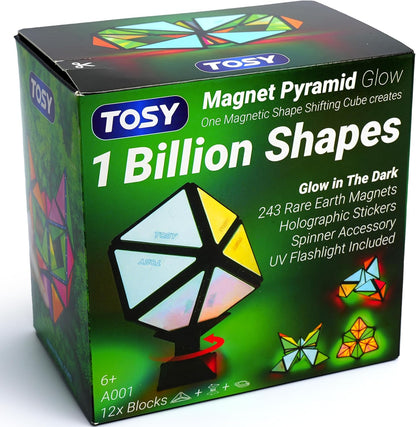 TOSY Magnet Pyramid Glow - 1 Cube Transforms into 1 Billion Shapes, 12 Pieces, 243 Rare Earth