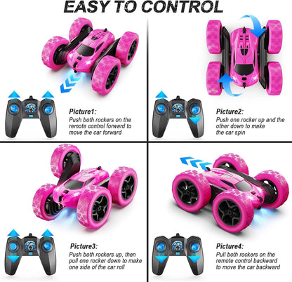 RC Cars, Rose Remote Control Car for Girls, 2.4 GHZ Double Sided RC Stunt Car 360° Rotating Remote