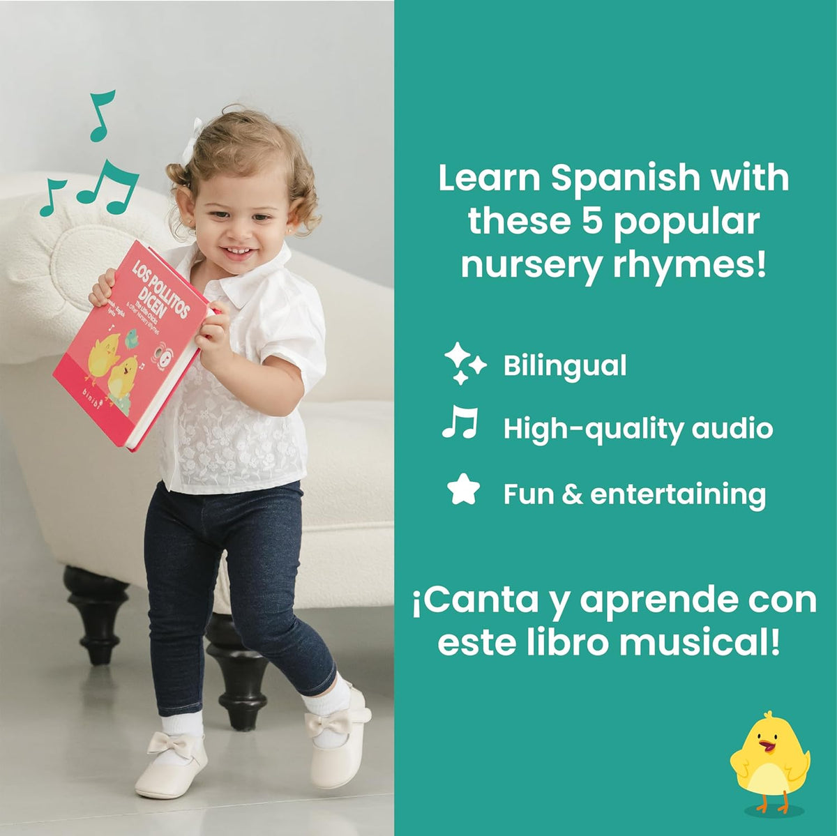 Binibi Spanish Musical Book for Babies & Toddlers 1-3 Los Pollitos Dicen & Other Nursery Rhymes |