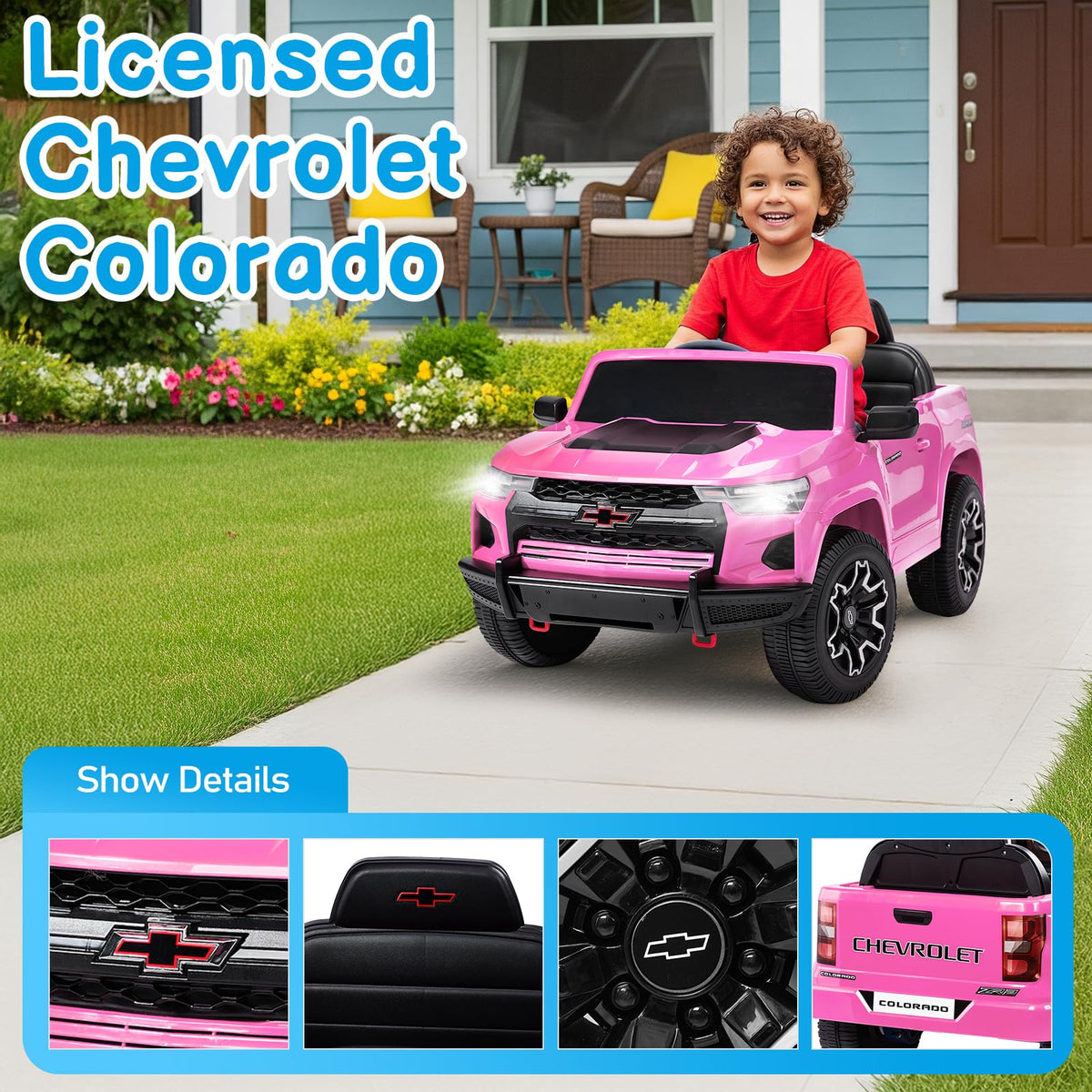 Winado 12V Licensed Chevrolet Colorado Electric Ride on Car for Kids, Pink