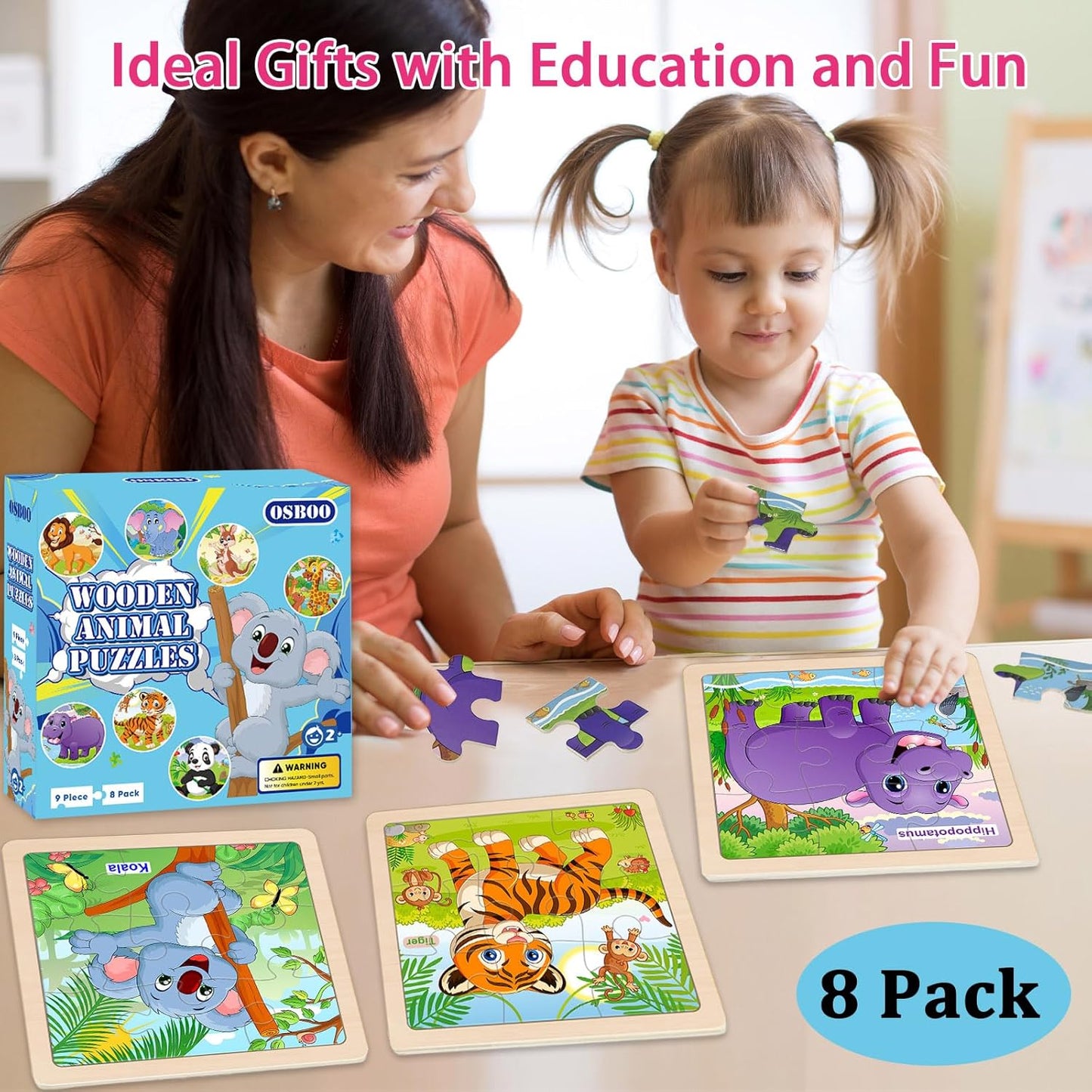 Wooden Puzzles for Toddlers 2-4, 9 Pieces Animal Jigsaw Puzzles for Kids Ages 3-5, Preschool