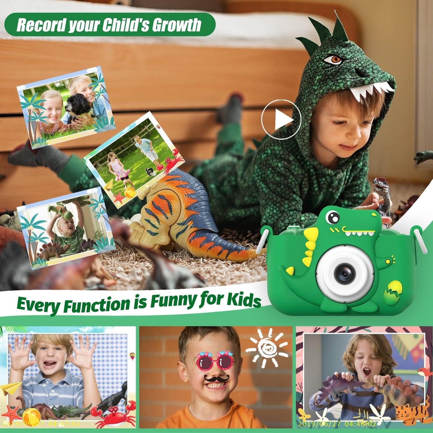 Upgrade Dinosaur Kids Camera, Christmas Birthday Gifts for Girls Boys 3-12, 1080P HD Selfie Digital