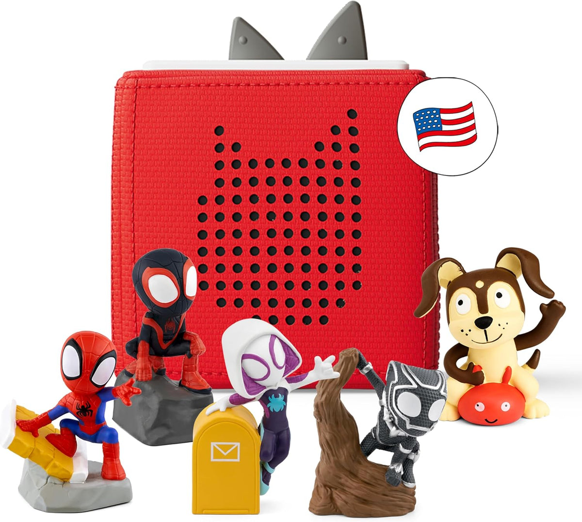 Tonies Toniebox Audio Player Starter Set with Spidey, Ghost-Spider, Spin, Black Panther, and