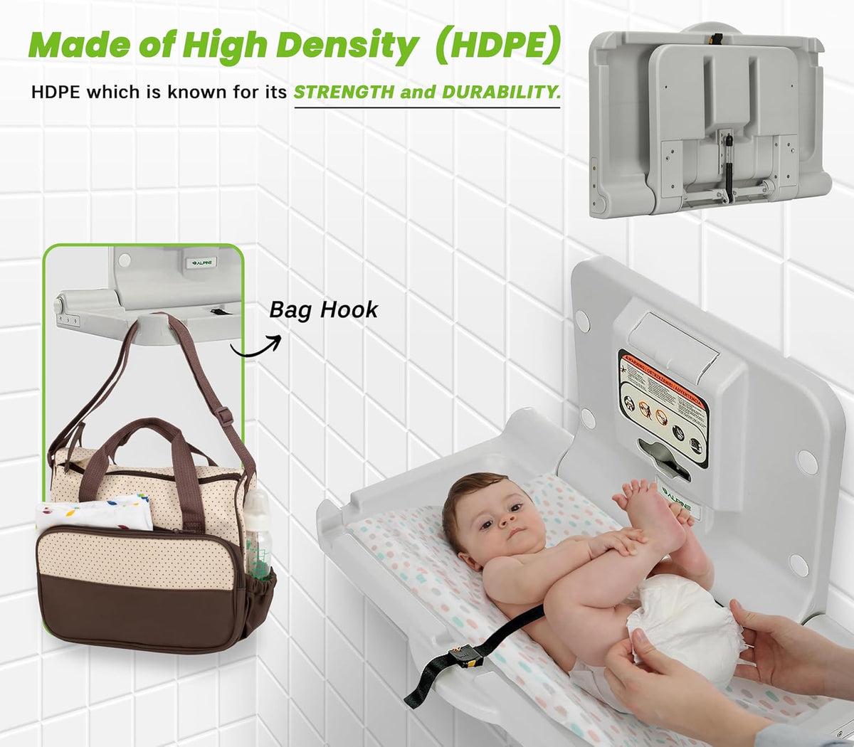 Alpine Wall Mounted Baby Changing Station - Horizontal Baby Changing Table Foldable Diaper Tables