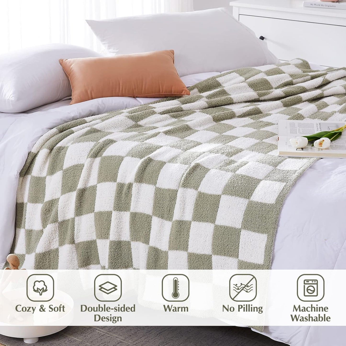 WRENSONGE Checkered Throw Blanket, Sage Green Soft Cozy Fluffy Warm Hand Made Throw Blankets for