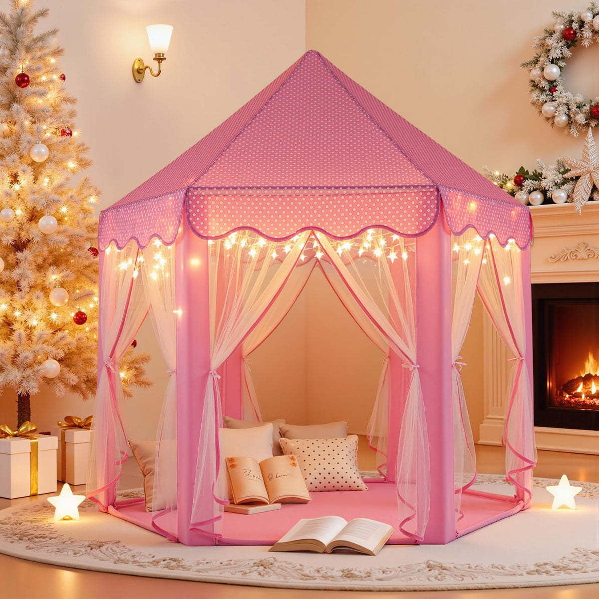 Sumbababy Princess Castle Tent for Girls Fairy Play Tents for Kids Hexagon Playhouse with Fairy