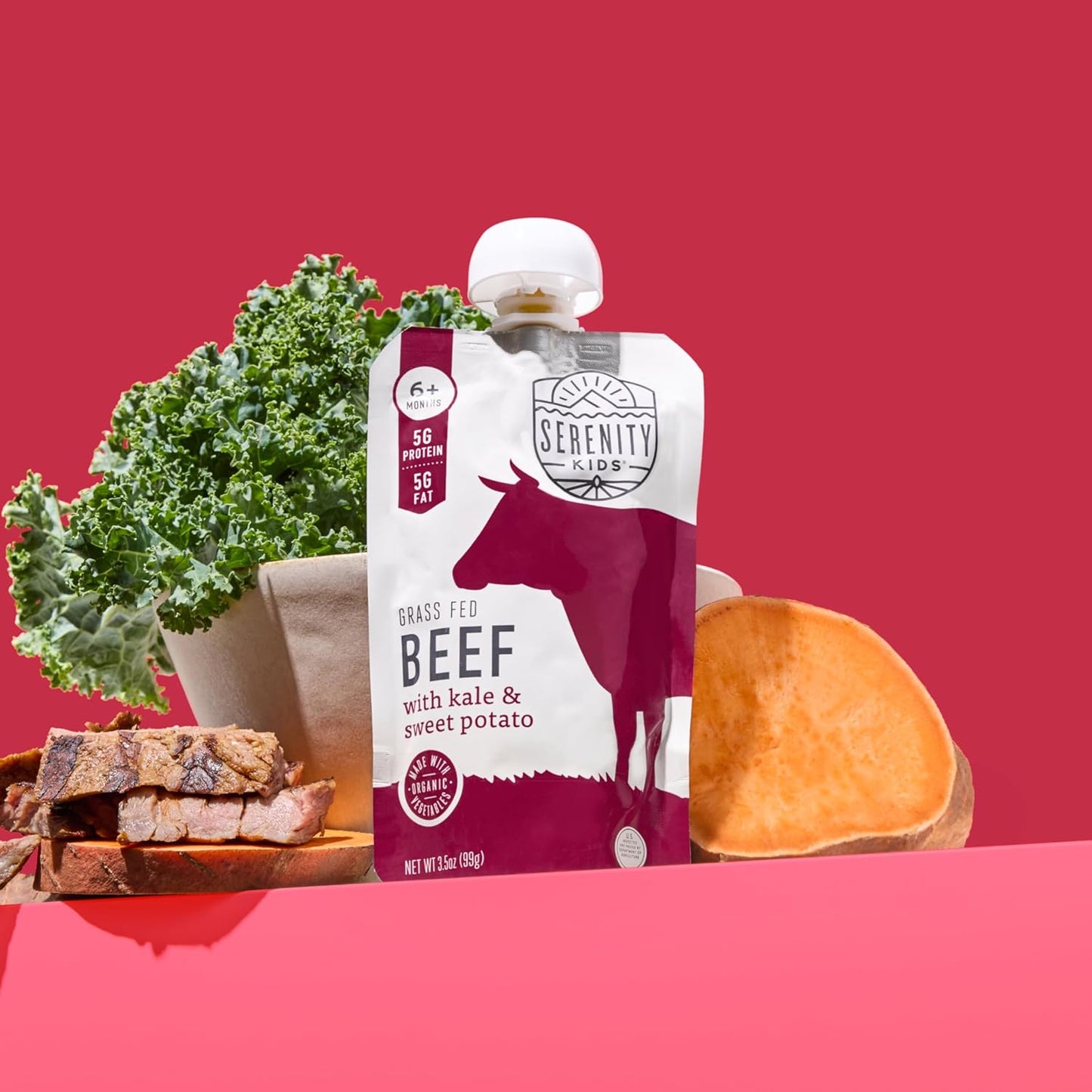 Serenity Kids 6+ Months Baby Food Pouches - Grass Fed Beef Puree with Organic Kale & Sweet Potato