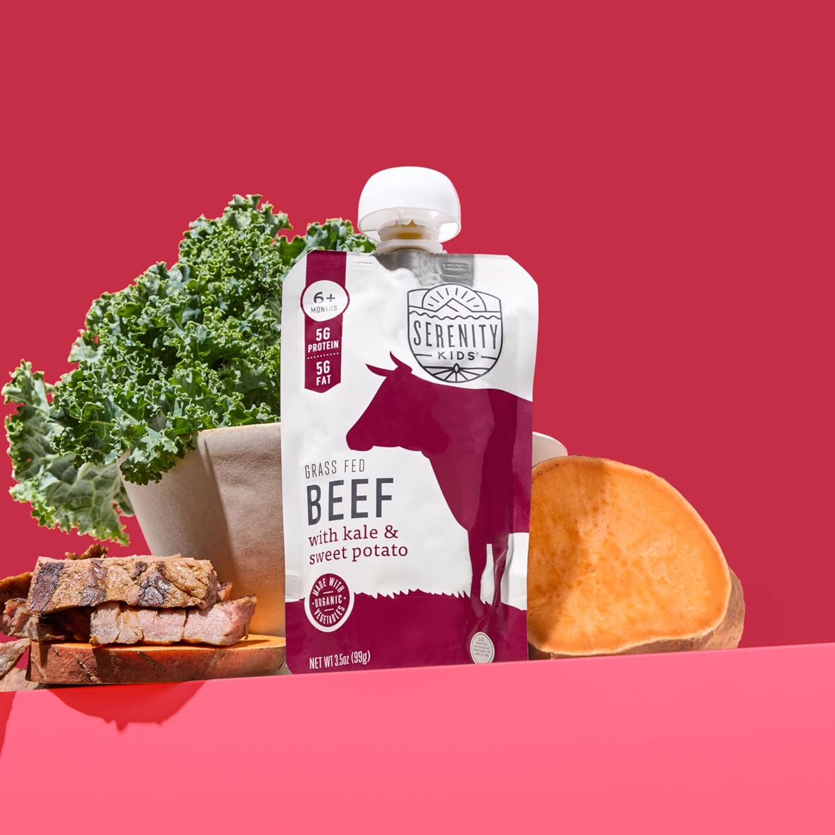 Serenity Kids 6+ Months Baby Food Pouches - Grass Fed Beef Puree with Organic Kale & Sweet Potato