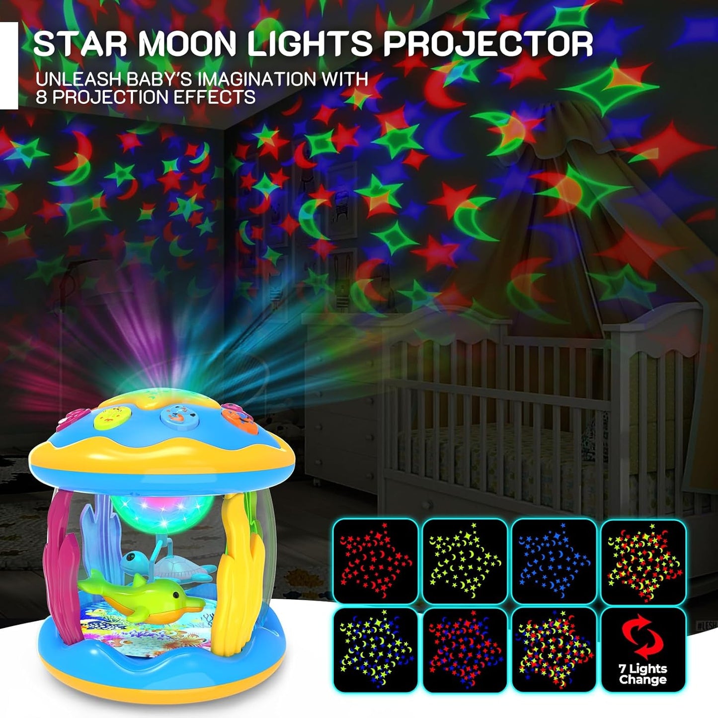 Baby Toys 6 to 12 Months - Musical Projector Rotating Light Up Toys, Tummy Time for Infant 12-18