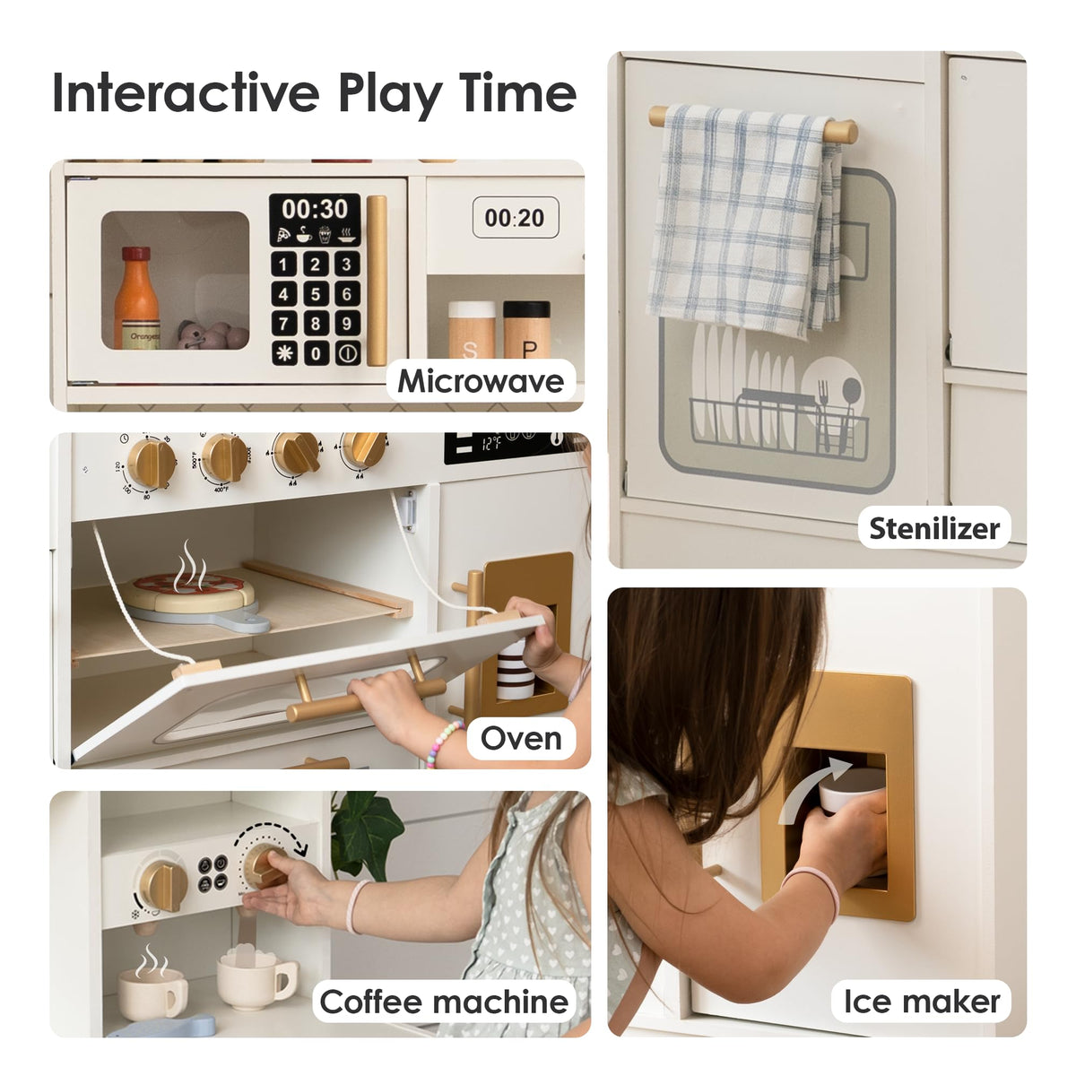 Wooden Play Kitchen for Kids with Real Lights and Sounds for Pretend Play