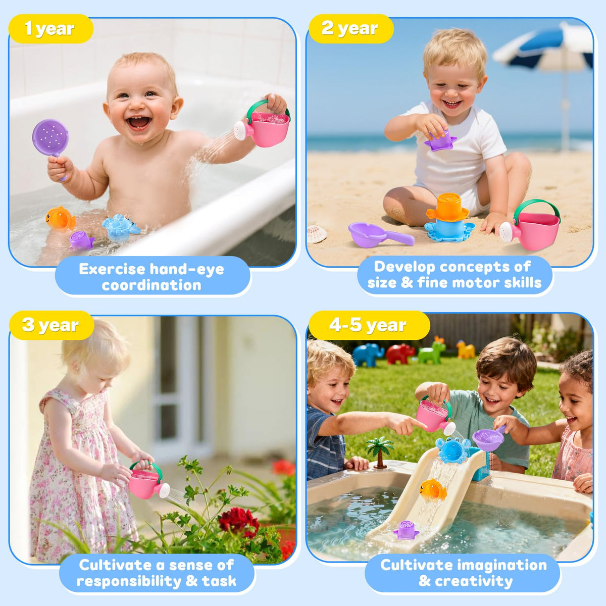 Fajiabao Toddler Bath Toys for Kids Ages 1-3 Stack, Scoop & Pour Set 5 PCS