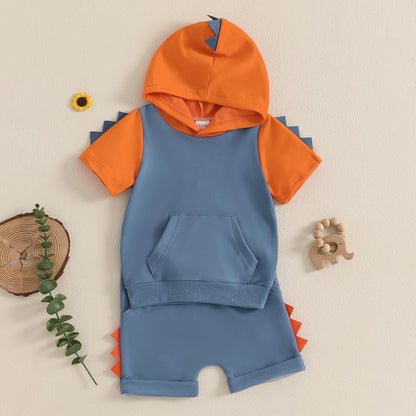 Toddler Baby Boy Summer Hooded Outfit Contrast Color Short Sleeve T Shirt Top Elastic Shorts Summer