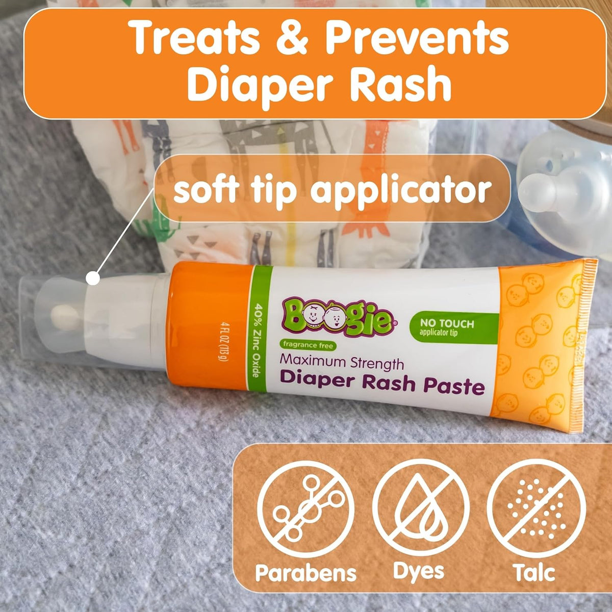Boogie Diaper Rash Paste, Maximum Strength 40% Zinc Oxide, Mess-Free Applicator, Soothes Baby Bum