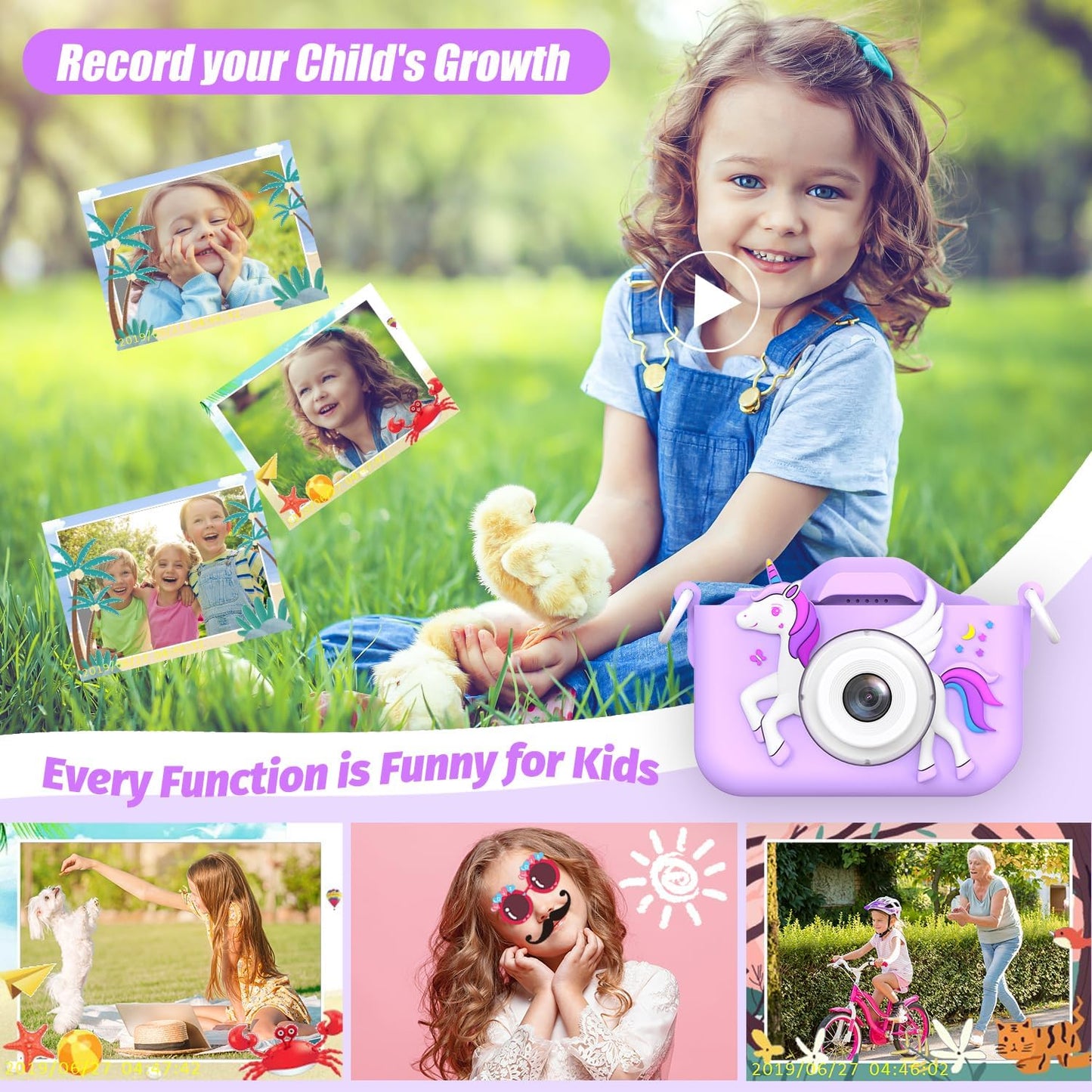 Upgrade Unicorn Kids Camera for Girls, Christmas Birthday Gift for Boys, 1080P HD Selfie Digital