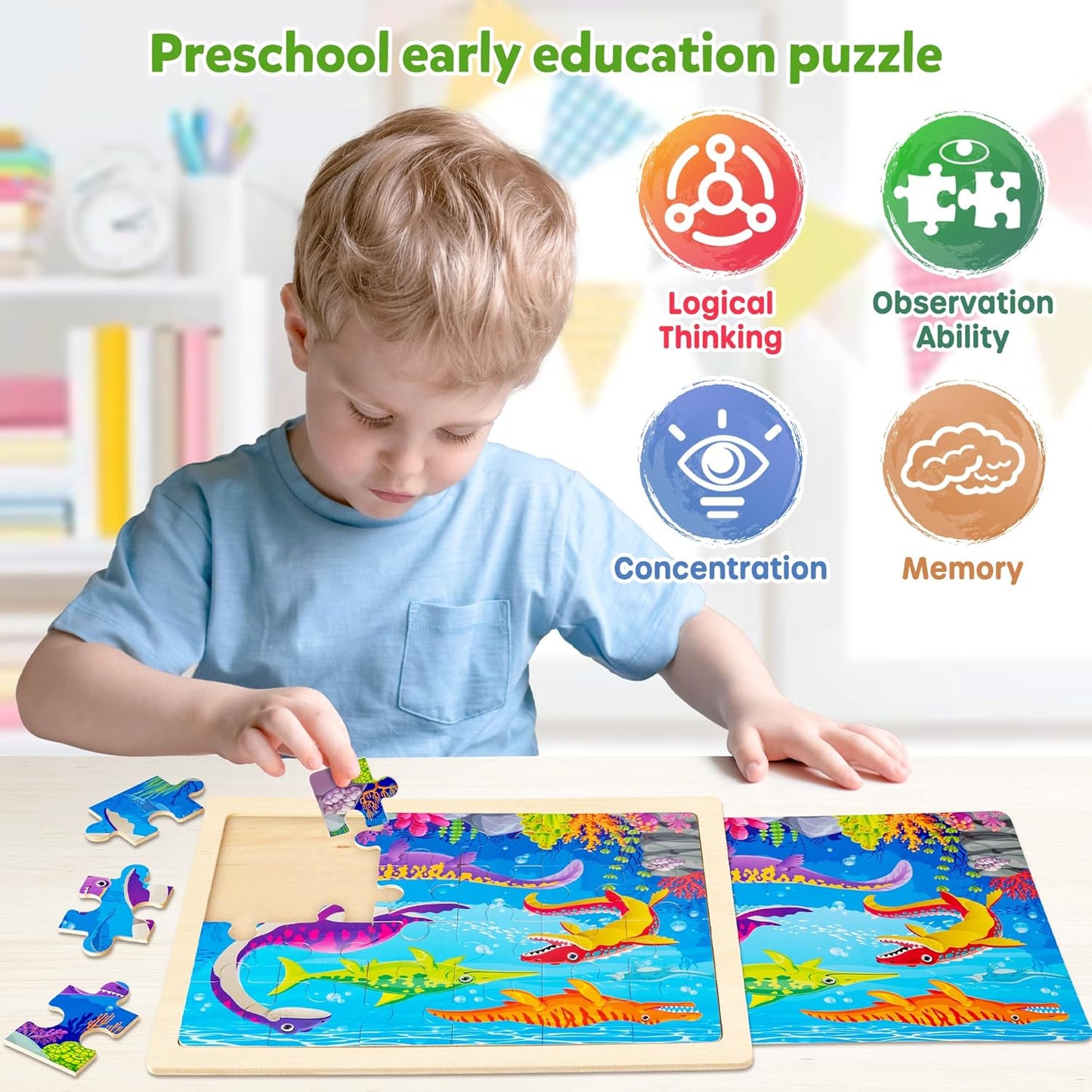 SYNARRY Large Wooden Dinosaur Puzzles for Toddlers 2-4, Wood Dino Puzzles for Kids Ages 4-6