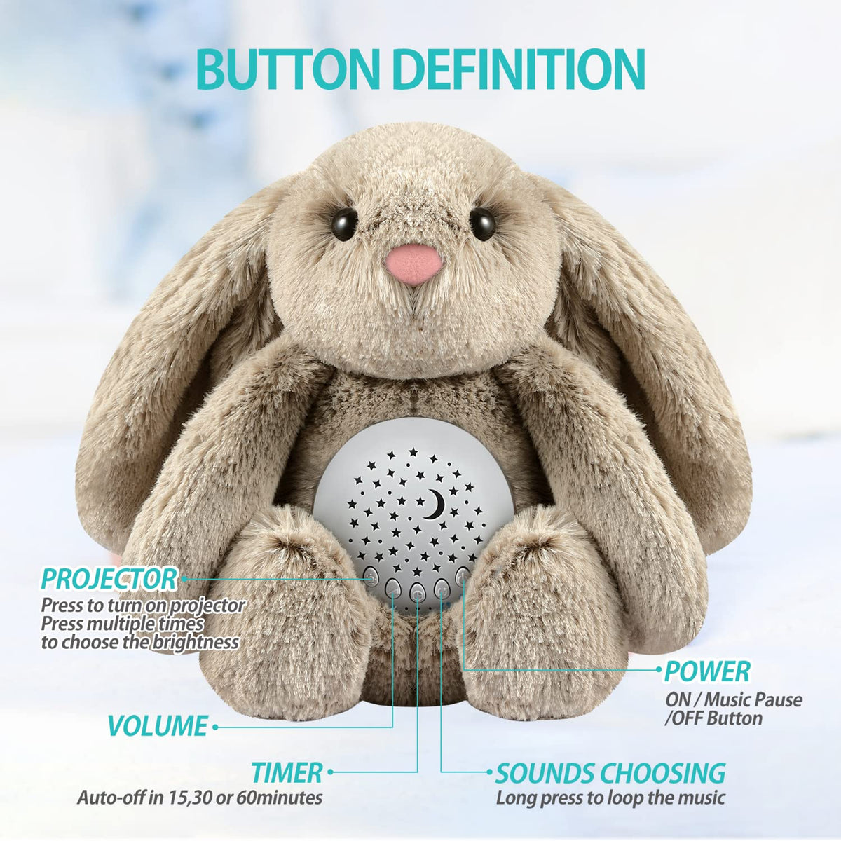 BEREST Baby Sleep Soother Bedtime Bunny with Starry Projector Night Light, Plush Stuffed Animal for