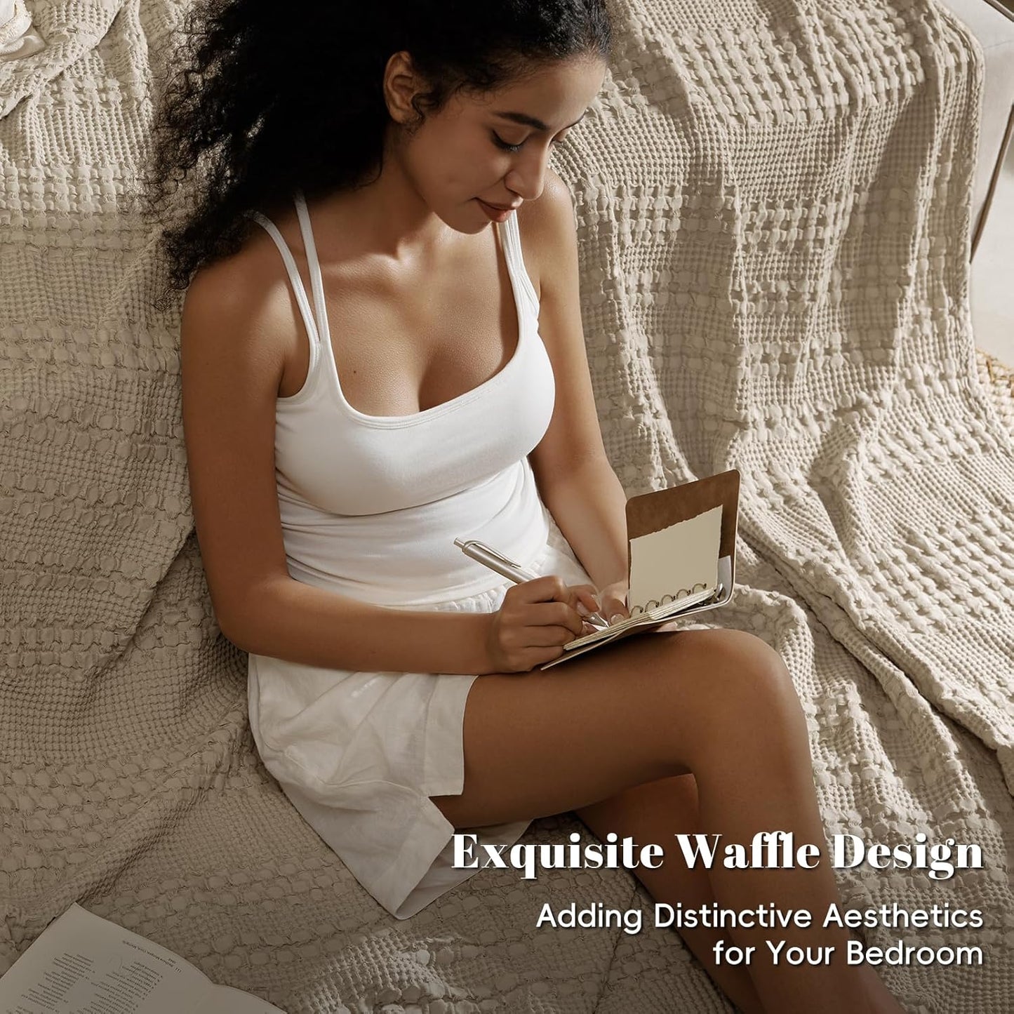 PHF 100% Cotton Waffle Weave Blanket Twin Size, Soft Lightweight Breathable Cozy Summer Blankets