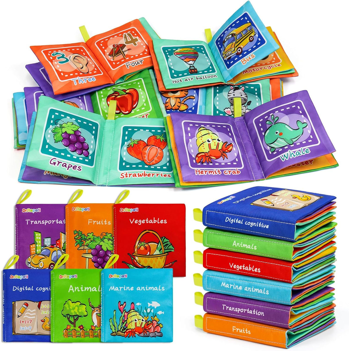 Dr.Rapeti Soft Cloth Books Baby Books Bath Books 6-Pack for Baby Infant Toddler Kids Crinkle